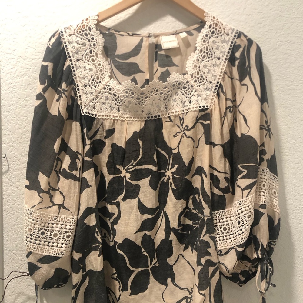2 for $22 Zac & Rachel Black Floral Lace-Trim Peasant Blouse
